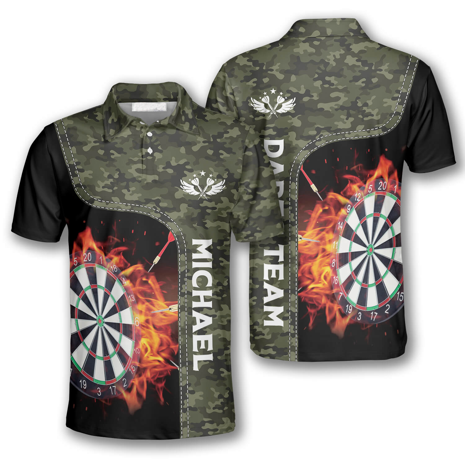 Camouflage Dart Board Fire Flame Custom Darts Shirts For Men, Dart Shirt