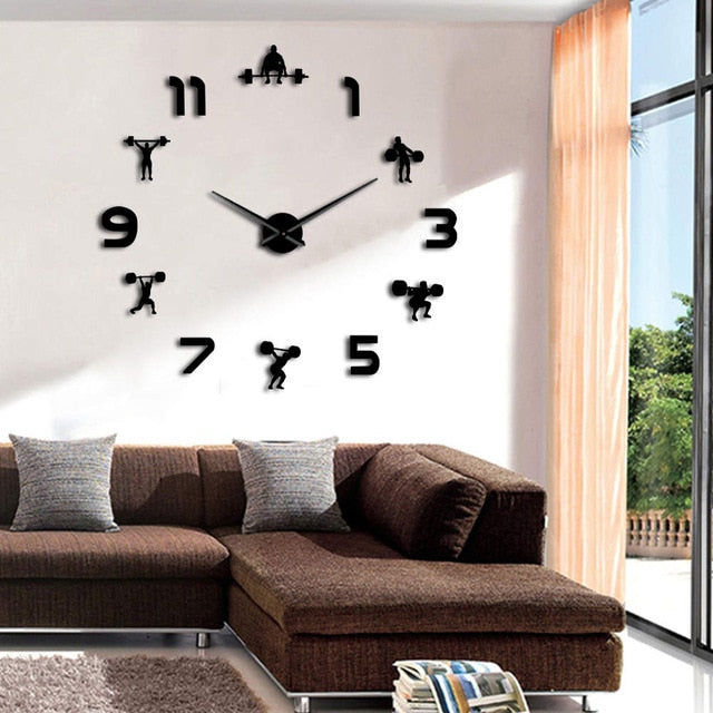 Weightlifting Fitness Diy Large Bodybuilding Wall Clock Home Decor Frameless 3D Mirror