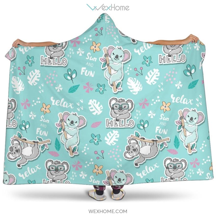 Cute Koalas Blue Background Pattern Hooded Blanket