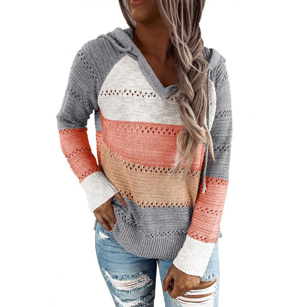 Women Patchwork Hoodies Lady Loose Long Sleeve Casual V-neck Long Sleeves Hooded Sweater Autumn Pullover Pure Tops Kawaii alx