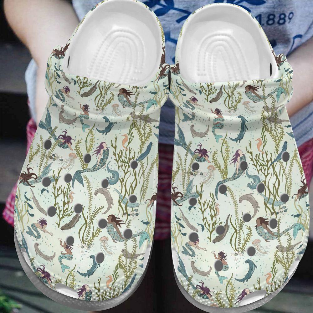 Mermaid Personalize Clog, Custom Name, Text, Fashion Style For Women, Men, Kid, Print 3D Whitesole Mermaids And Otters