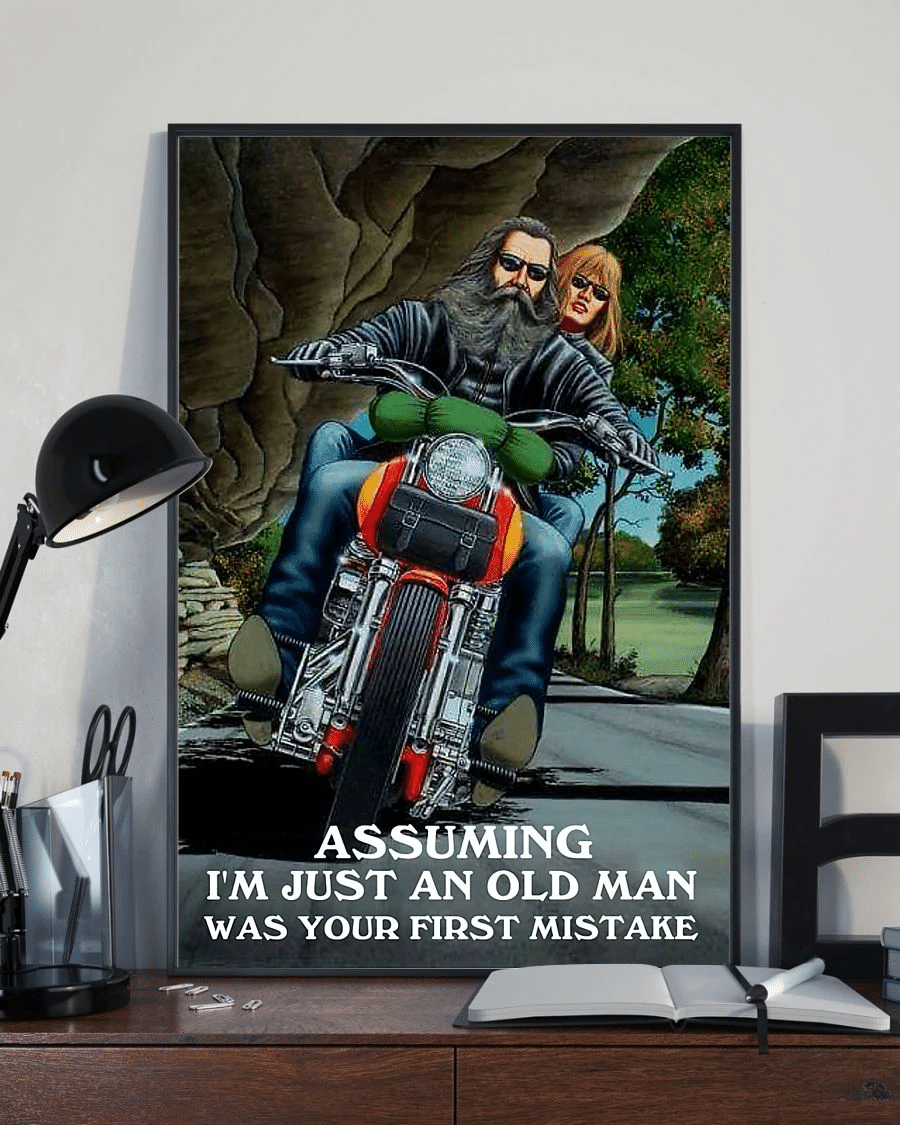 Biker Couple Loves Motorbike Poster Canvas – Assuming Im Just An Old Man Was Your First Mistake Vintage Home Decor Wall Art Evg81495