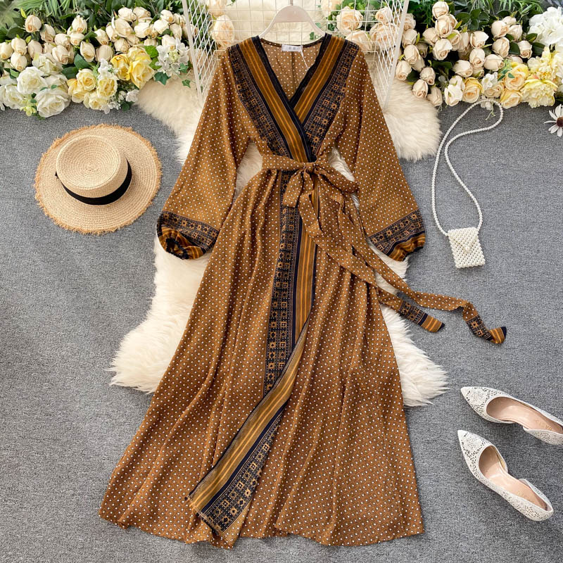 Women Retro Print Dress 2020 Autumn V Neck Lace up Long Sleeve A-line Dress Korean Elegant Bohemian Long Holiday Dress alx