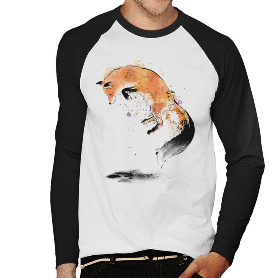 Red Fox Jumping Into Snow Men’s Baseball Long Sleeved T-Shirt