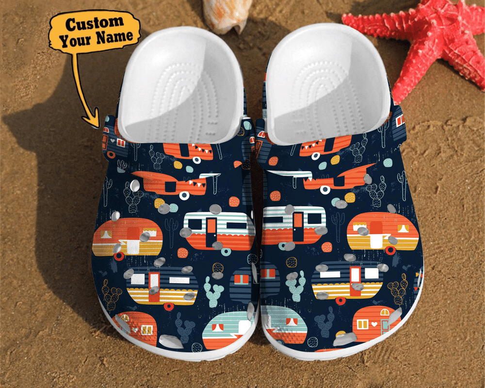 Camping Crocs – Camping Trailer Pattern Summer Happy Camper Best Gifts For Lovers Campers Cool Clog Shoes For Men And Women