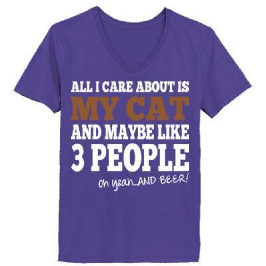 AGR All I Care About Is My Cat And Maybe Like 3 People And Beer – Ladies’ V-Neck T-Shirt