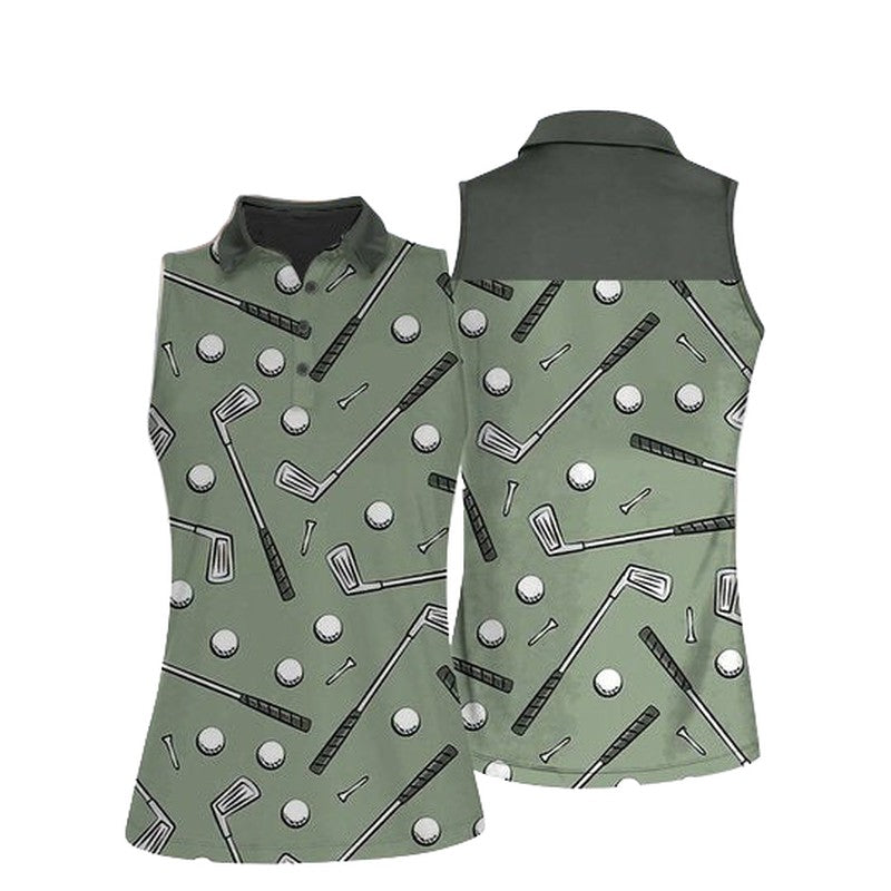 Green Seamless Golf Stick Figures Women Sleeveless Polo Shirt