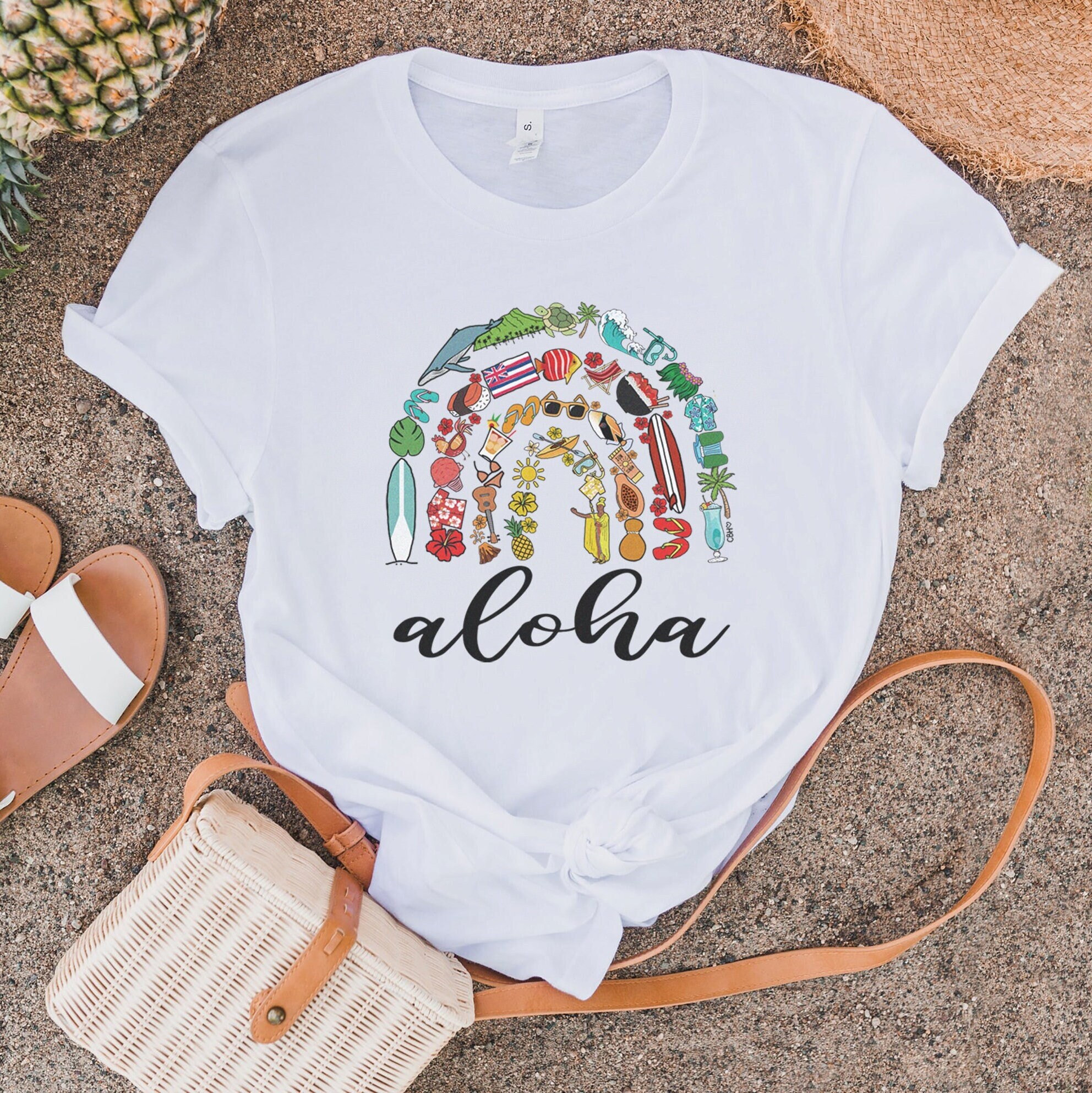 Hawaii Rainbow T-Shirt Aloha State Shirt Hawaii Tshirt Gift, Cute Hawaiian Girls Trip Cruise Bachelorette Maui Oahu Oversized Preppy Tee