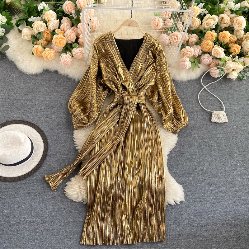 Spring and Autumn New Ladies Fashion Retro Autumn New Style Temperament V-neck Lace-up Waist Dress Women alx