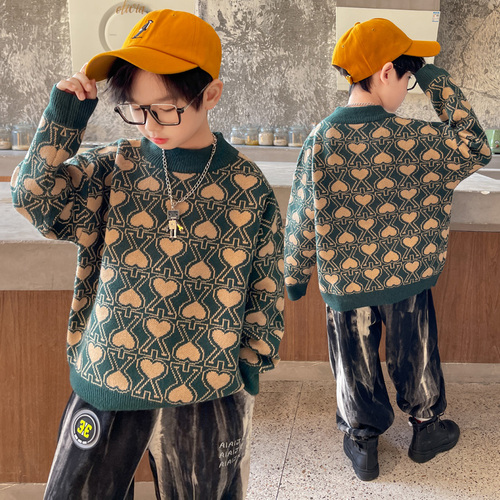 Sweaters Autumn Winter Kids Pullover Oversize Sweater Big Boys Heart Jacquard Thick O-neck Knit Tops Children Sweaters for Teen alx