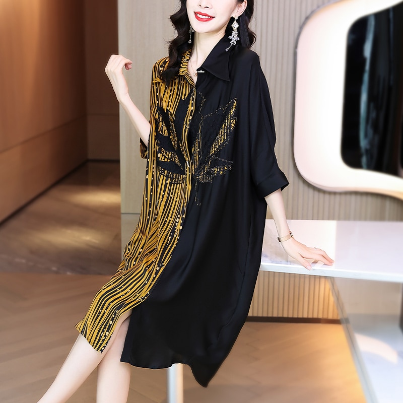 Autumn Black Patchwork Silk Striped Loose Midi Dress Women Luxury Chic Embroidery Dress 2022 Korean Vintage Hepburn Party Dress alx