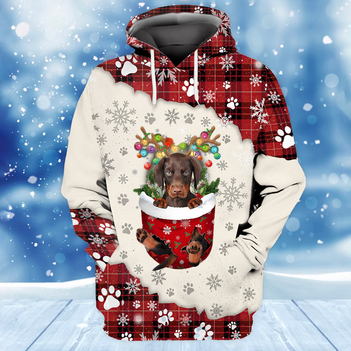 Dobermann In Snow Pocket Merry Christmas Unisex Hoodie