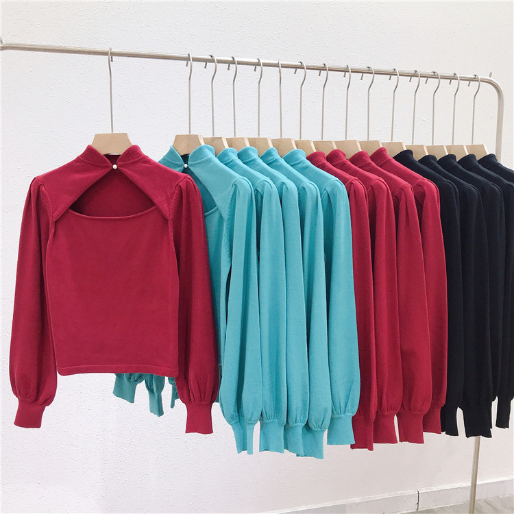 Turtleneck Blue Color Knit Sweater Pullover Tops Lantern Sleeves Hollow Out Retro Lady Casual Crop Tees Black &Red alx