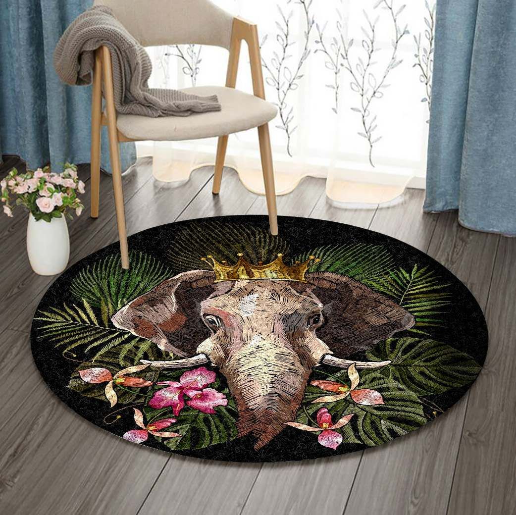 King Elephant Flower Jungle BT1610161RR Round Rug BEVR3107