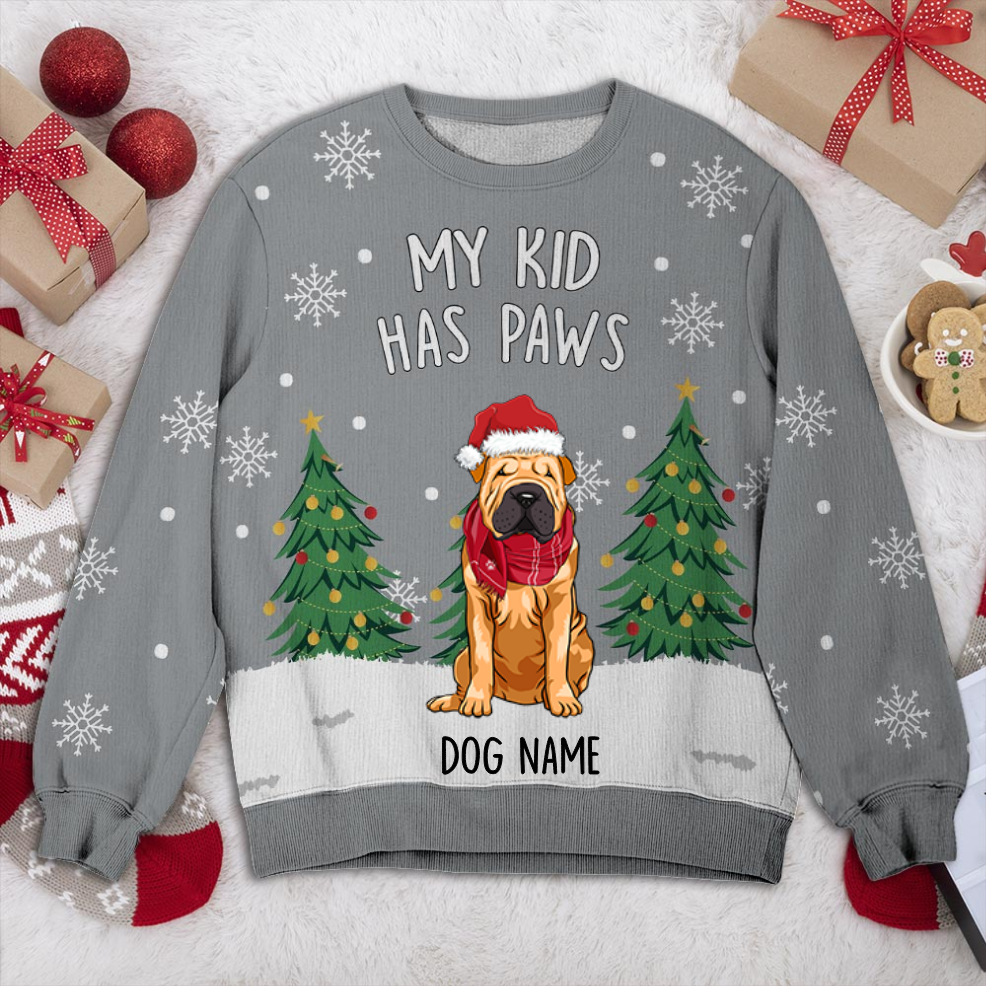 Chinese Shar-Pei My Kid Has Paws Personalized Sweater, Dog Ugly Christmas Sweater