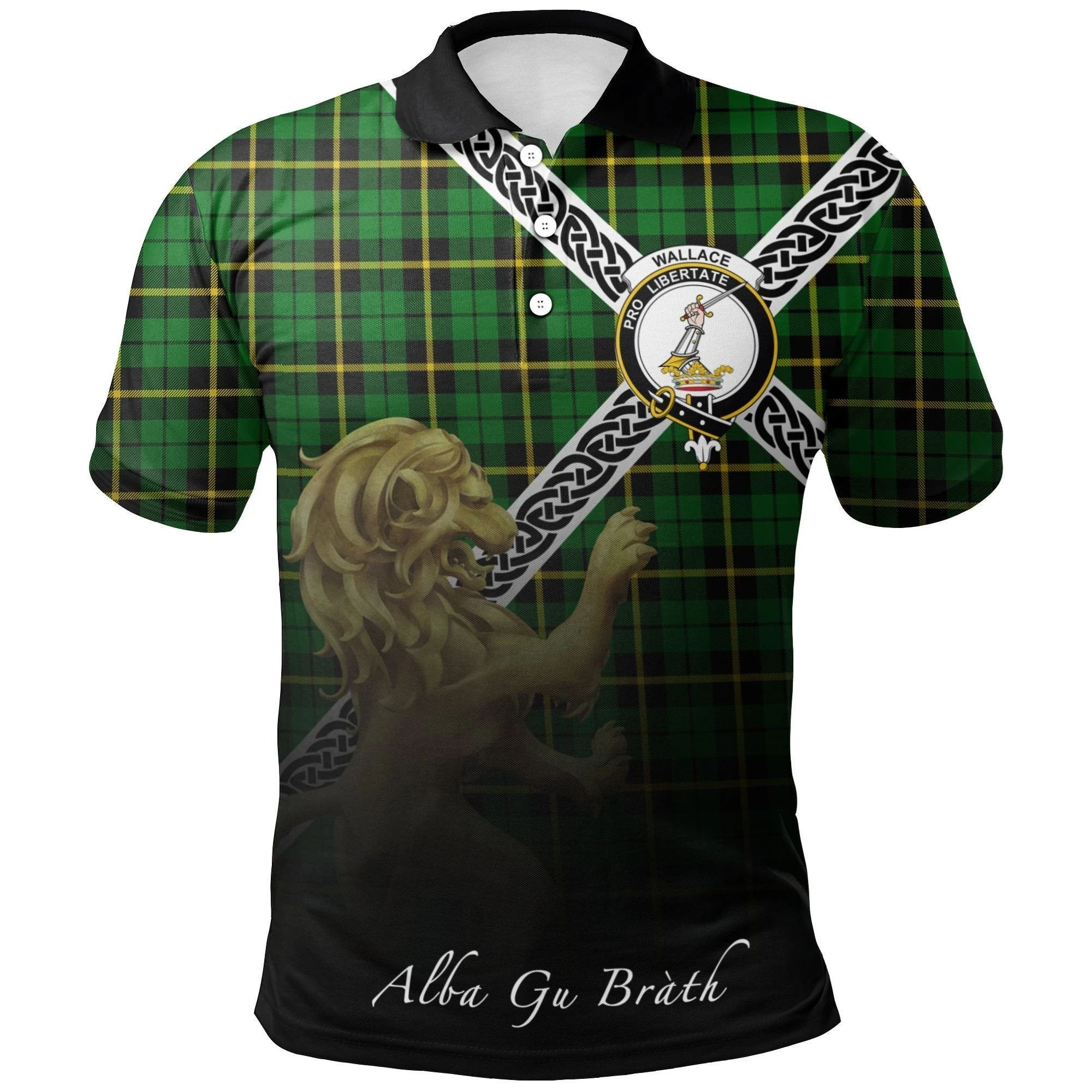 Wallace Hunting – Green Clan Polo Shirt, Scottish Tartan Wallace Hunting – Green Clans Polo Shirt Celtic Lion Style