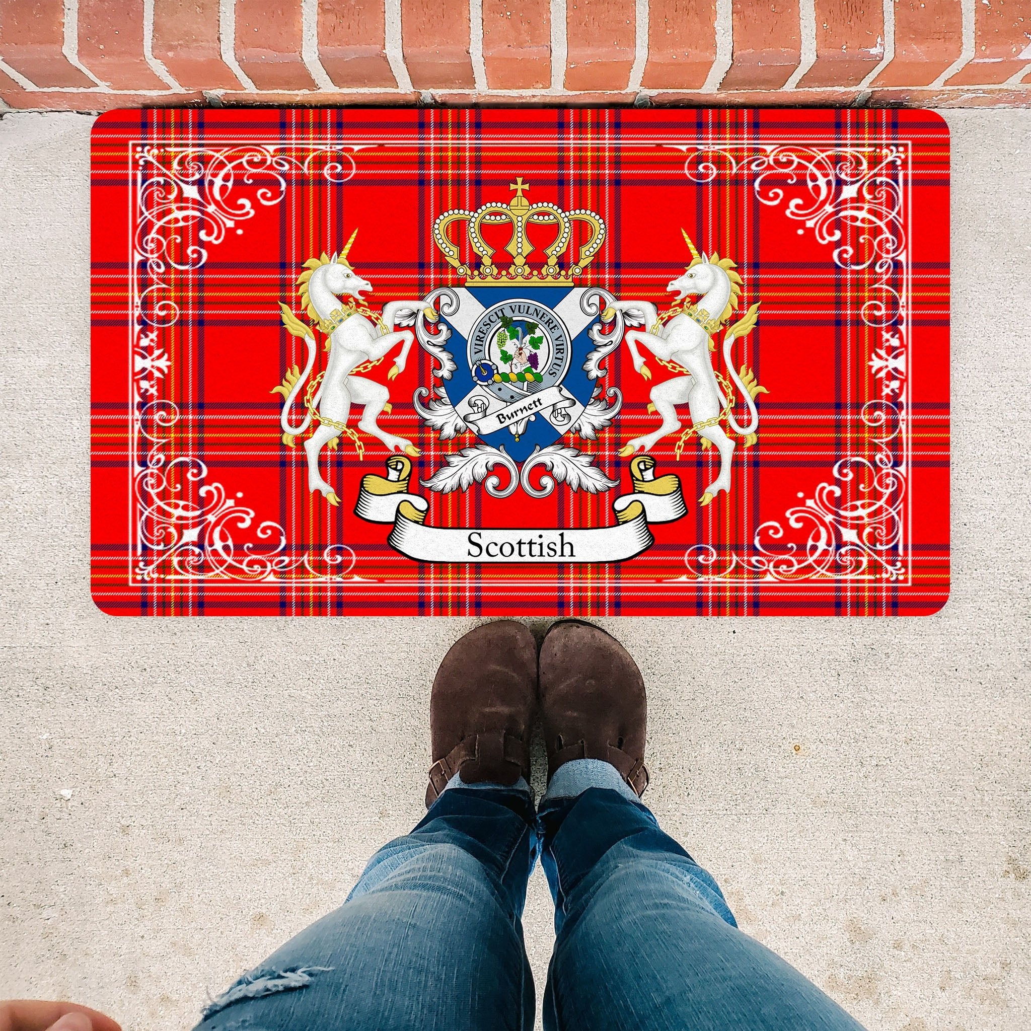 Scotstee Shop Tartan Door Mat Burnett Modern Clan Badge Tartan Scottish Plaid Doormat, Christmas Door Mat