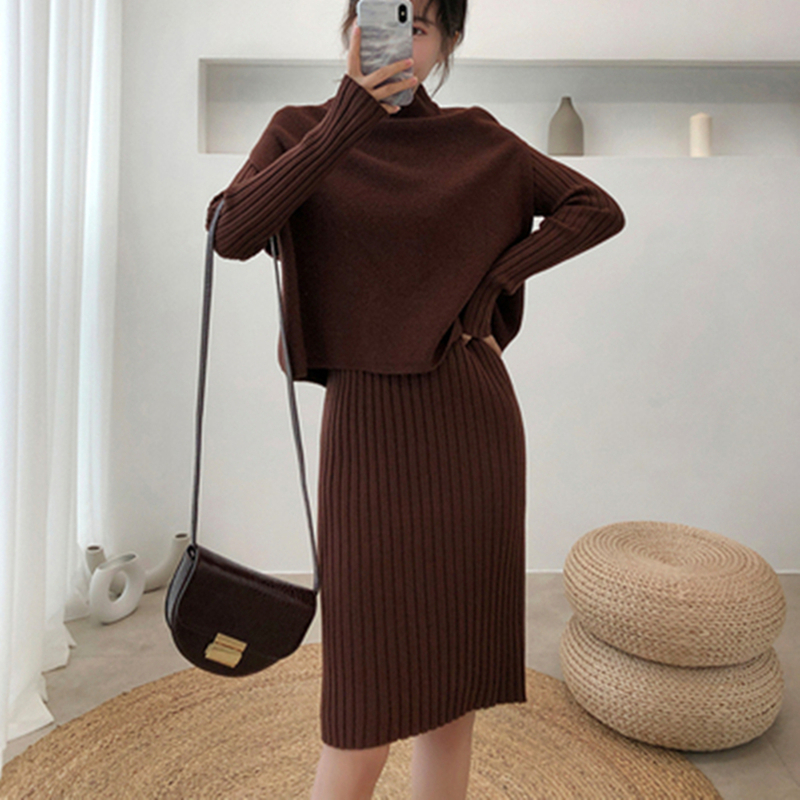 Autumn Korean Chic Temperament Elegant Knit Suit Skirt Loose Vest Sweater Shawl Coat+Knit Bodycon Dress Sexy Solid 2-Piece Suit alx