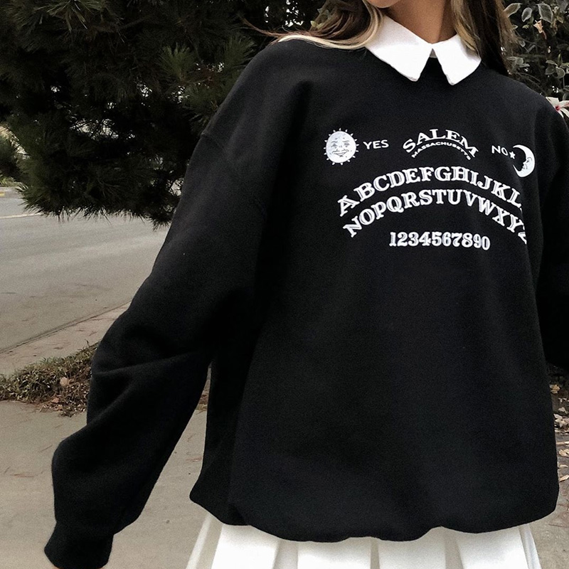 Y2K Aesthetics Mushroom Embroidery Oversized Sweatshirts Vintage Black Crewneck Long Sleeve Tops 90s Fashion Casual Streetwears alx