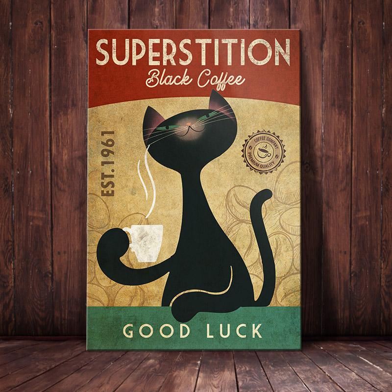 Black Cat Canvas And Poster Superstition Black Coffee | Art Print | Home Decor | Room Decor | Wall Art