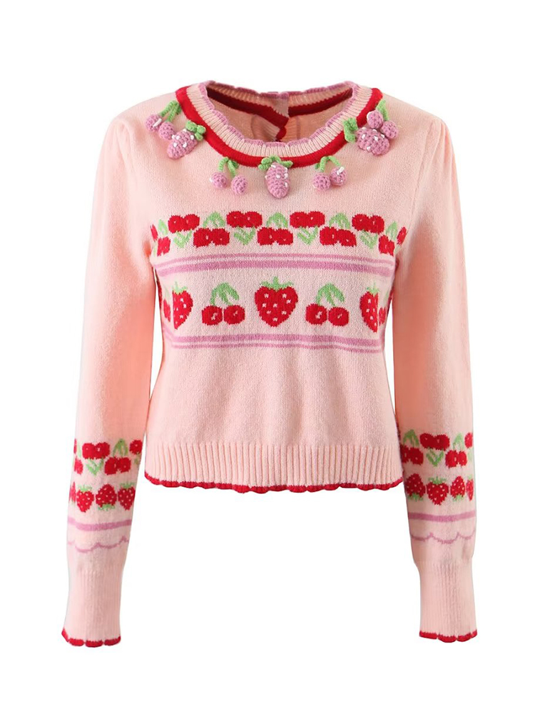 YENKYE New Fashion Women Sweet Pink Strawberry Cherry Thin Knit Sweater O Neck Long Sleeve Female Crop Pullover Autumn Tops alx