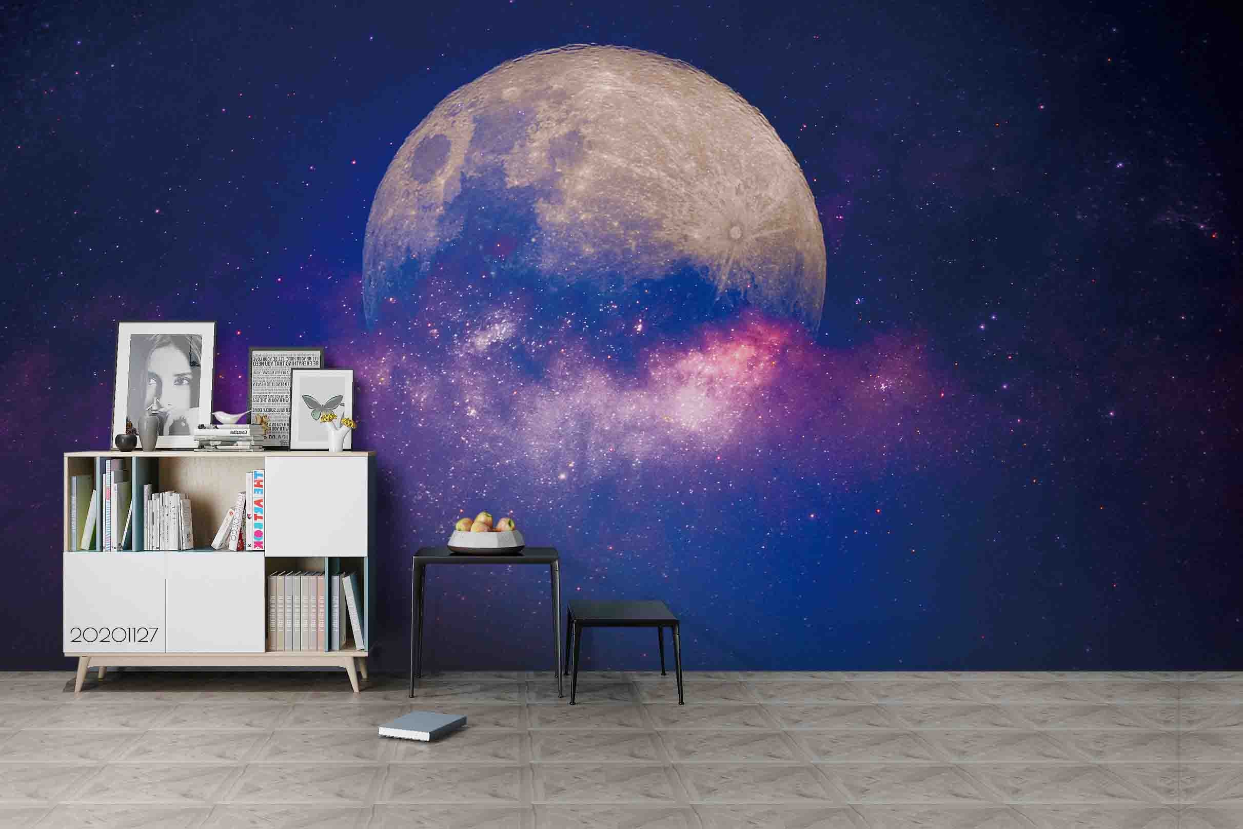 3D Space Moon Planet Purple Nebula Star Wall Mural Wallpaper Lxl