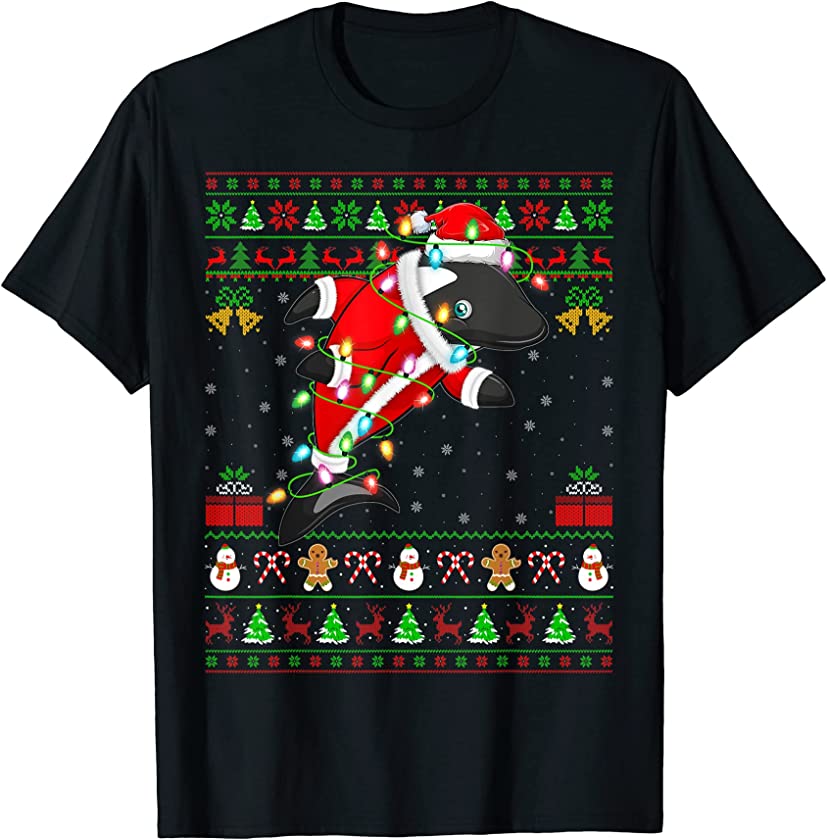 Xmas Lights Ugly Sweater Style Santa Orca Christmas T-Shirt