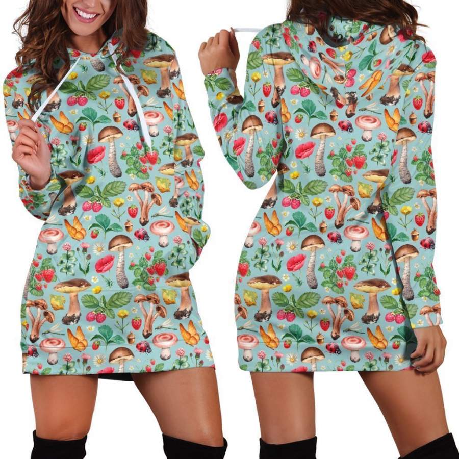 All Over Printing Mushrooms and strawberries Hoodie Dress