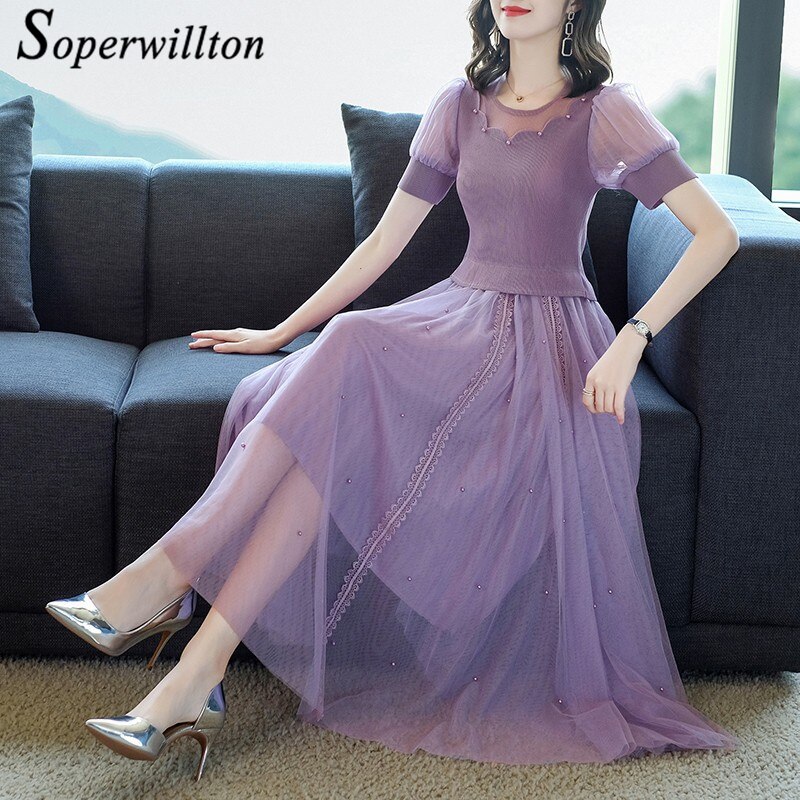 2022 Vestidos Mesh O-Neck Solid Elegant Beach Sweet Prom Beading Party Short Puff Sleeve Female Robe Women’s Summer Midi Dresses alx