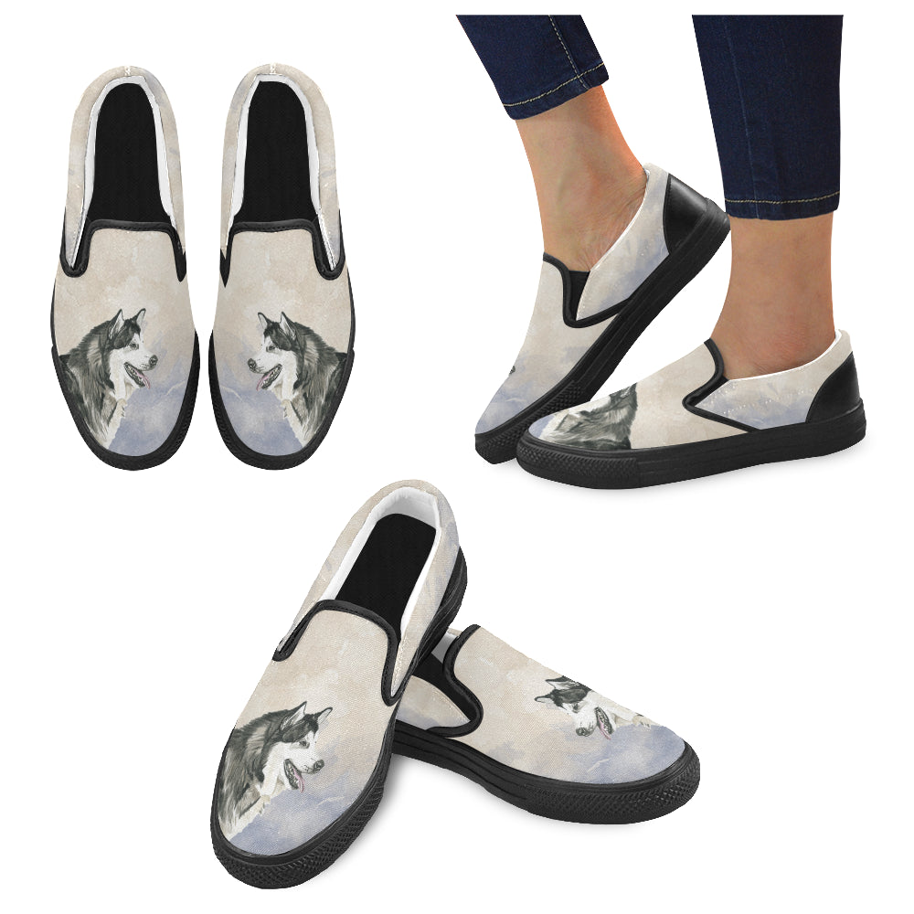 Alaskan Malamute Water Colour Black Women’s Slip-on Canvas Shoes