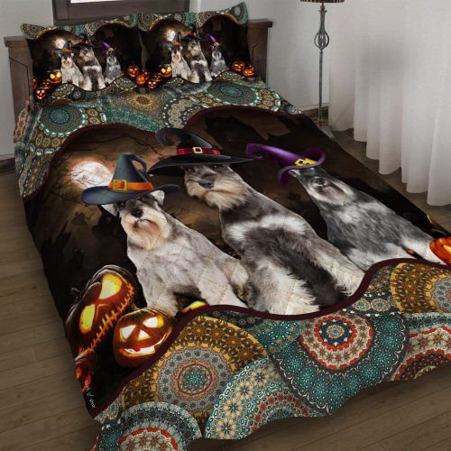 468DDTDOG-Schnauzer Halloween Pumpkin Quilt Bed Set