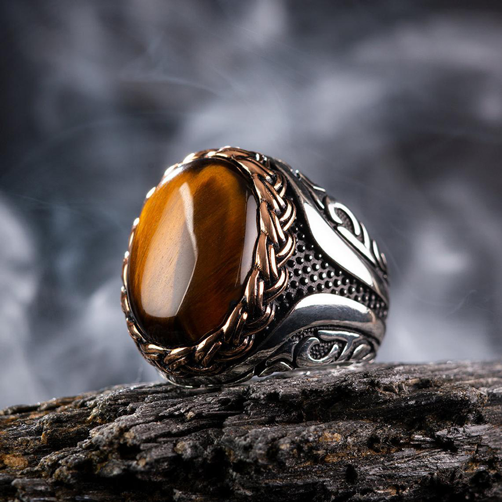 Vintage Brown Tiger Eye Stone Rings for Men Women Turkish Handmade Spiral Engraved Statement Ring Anniversary Gift Anillo Hombre alx