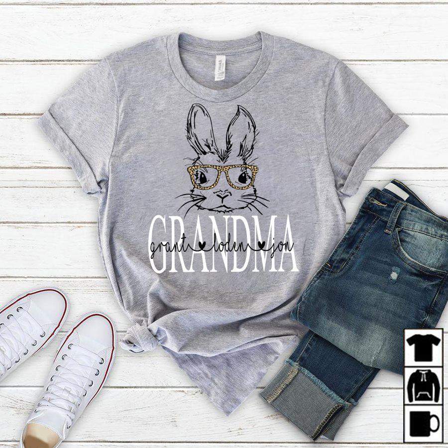 Namashops Personalized Grandma Easter Leopard, Custom Names Shirt