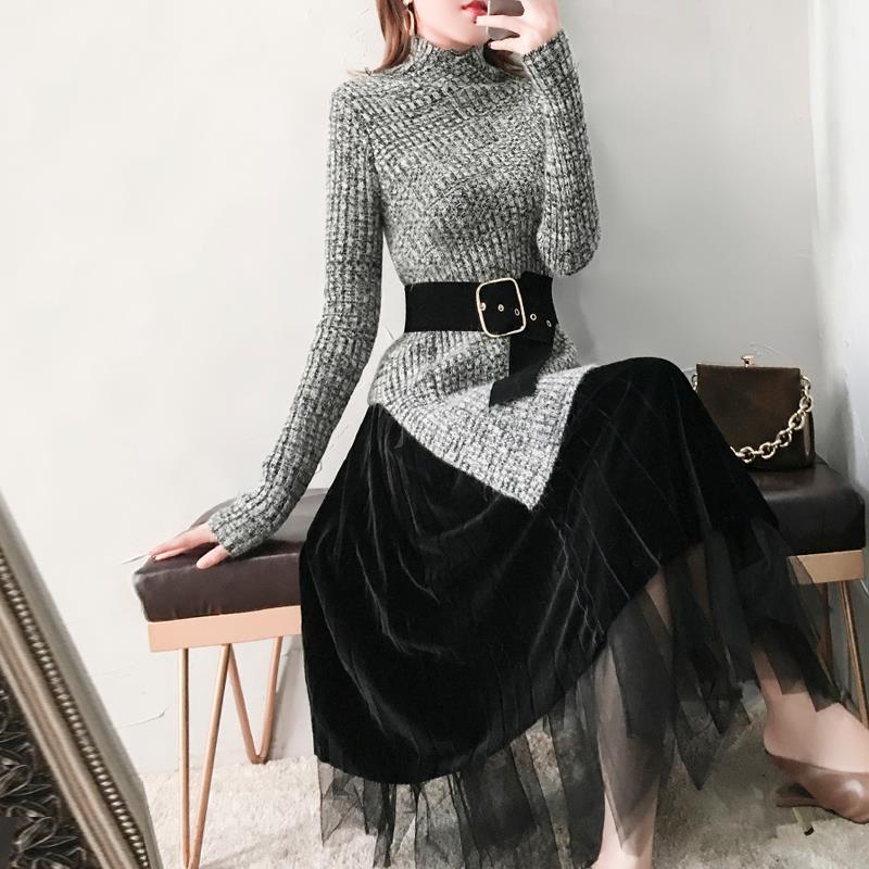 Women 2021 Autumn Winter New 2 Piece Sets Female Long Sleeve Sweater Pullover Tops Ladies High Waist Mesh Skirts Suits E831 alx