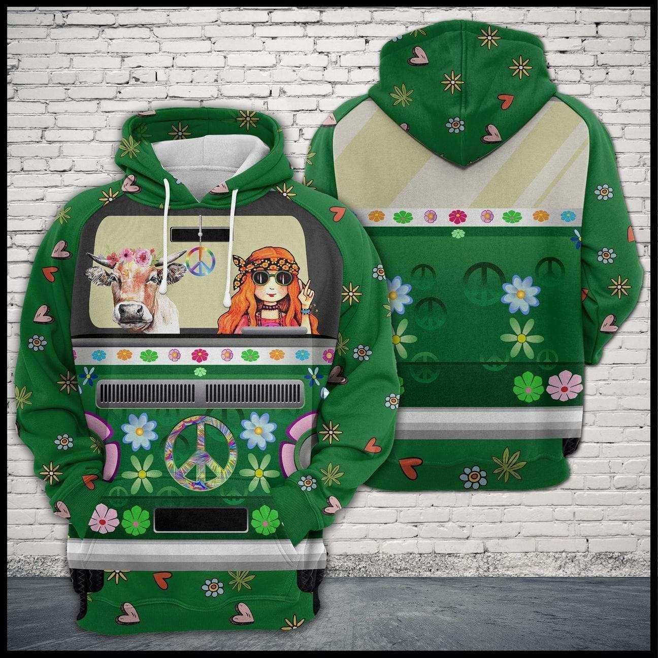 Hippie Van Peace Sign Happy Cow 3D Printed Sublimation Hoodie Hooded Sweatshirt Comfy Soft And Warm For Men Women S to 5XL CTC16011282