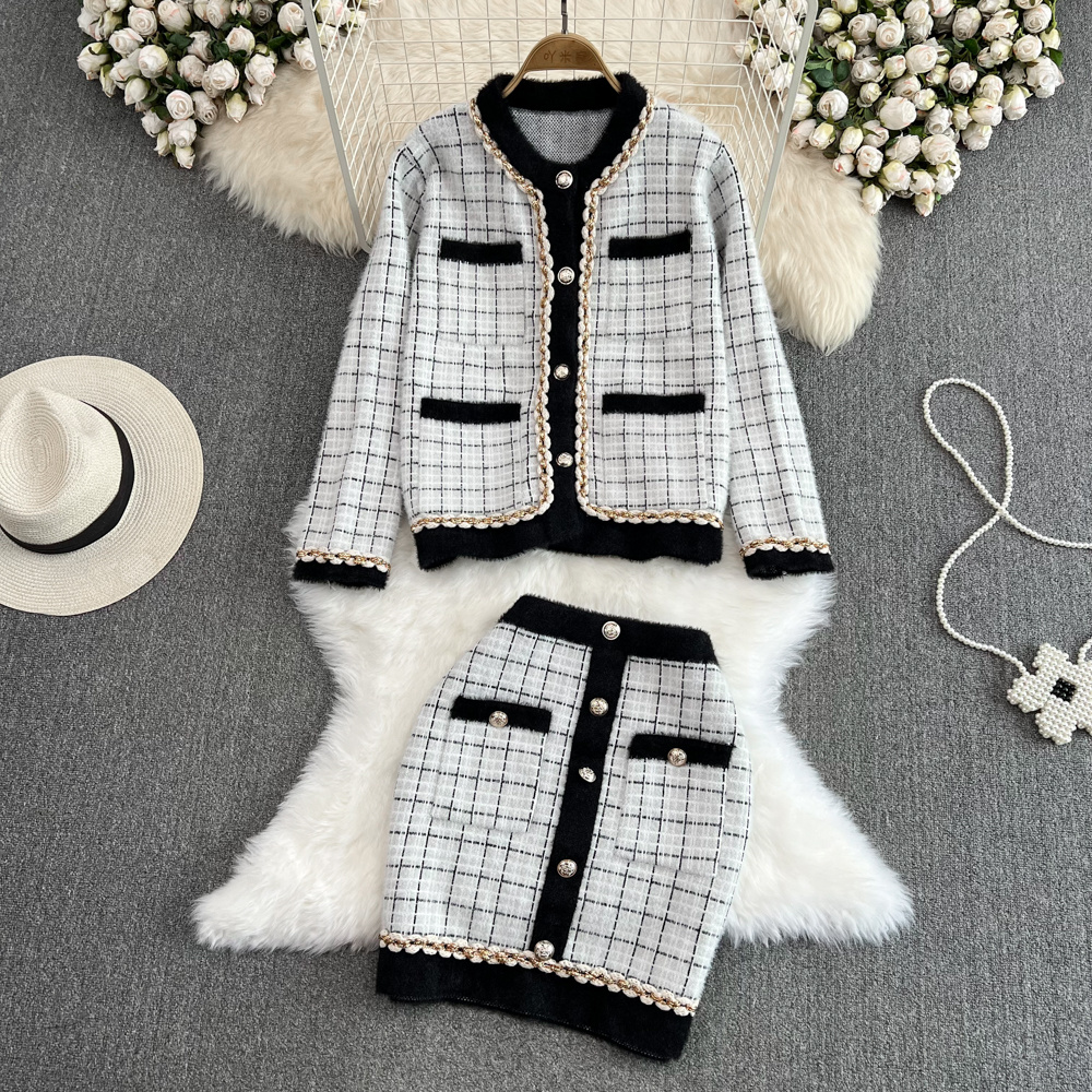 Small Fragrance Two Piece Set Autumn Winter New Knitted Single Breasted Jacket Tops + High Waist Hip Wrap Skirt 2 Piece Suits alx