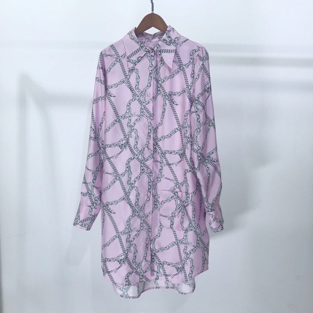 100% Silk women chain decoration shirt dress 2022 new turn-down collar Single-breasted fashion casual lady mini dress alx