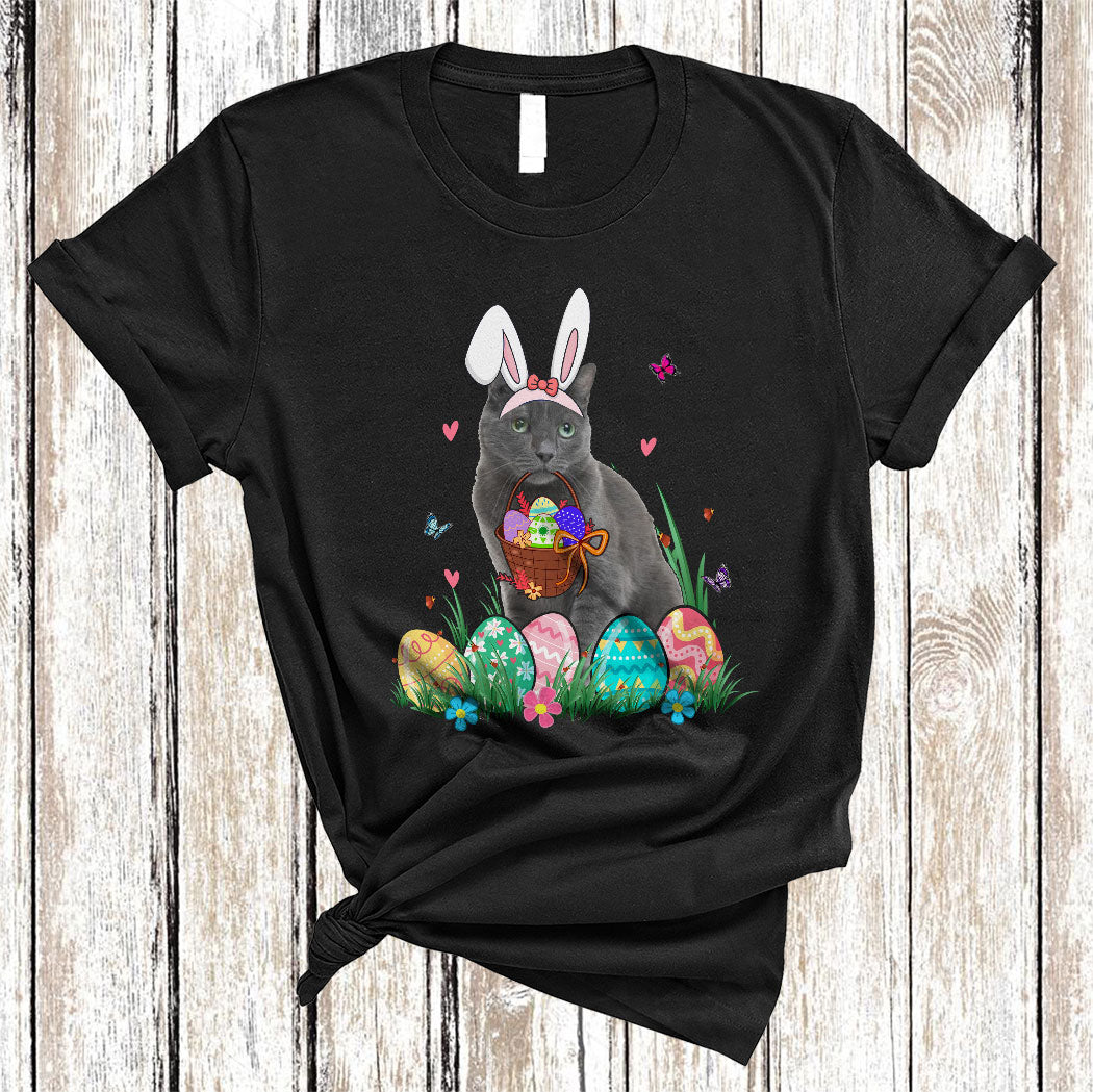 Bunny Russian Blue Cat With Easter Egg Basket Funny Easter Day Flower Egg Hunt Cat Lover Gifts T-Shirt