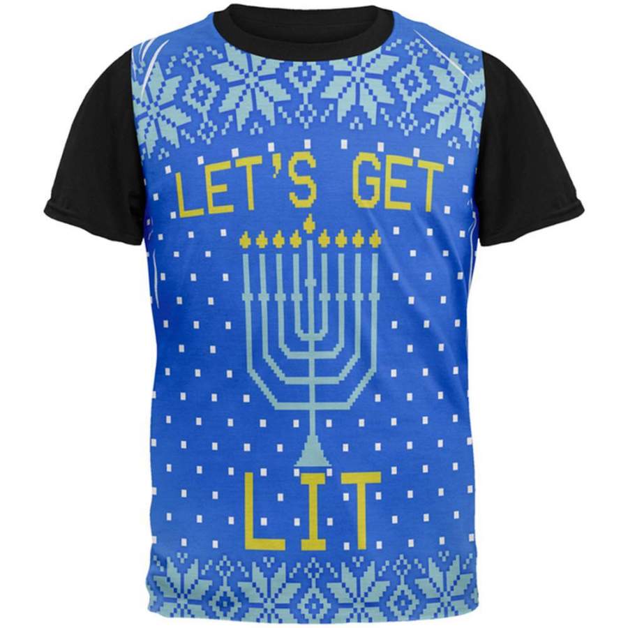 Ugly Christmas Sweater Let’s Get Lit Menorah Hanukkah All Over Mens Black Back T Shirt