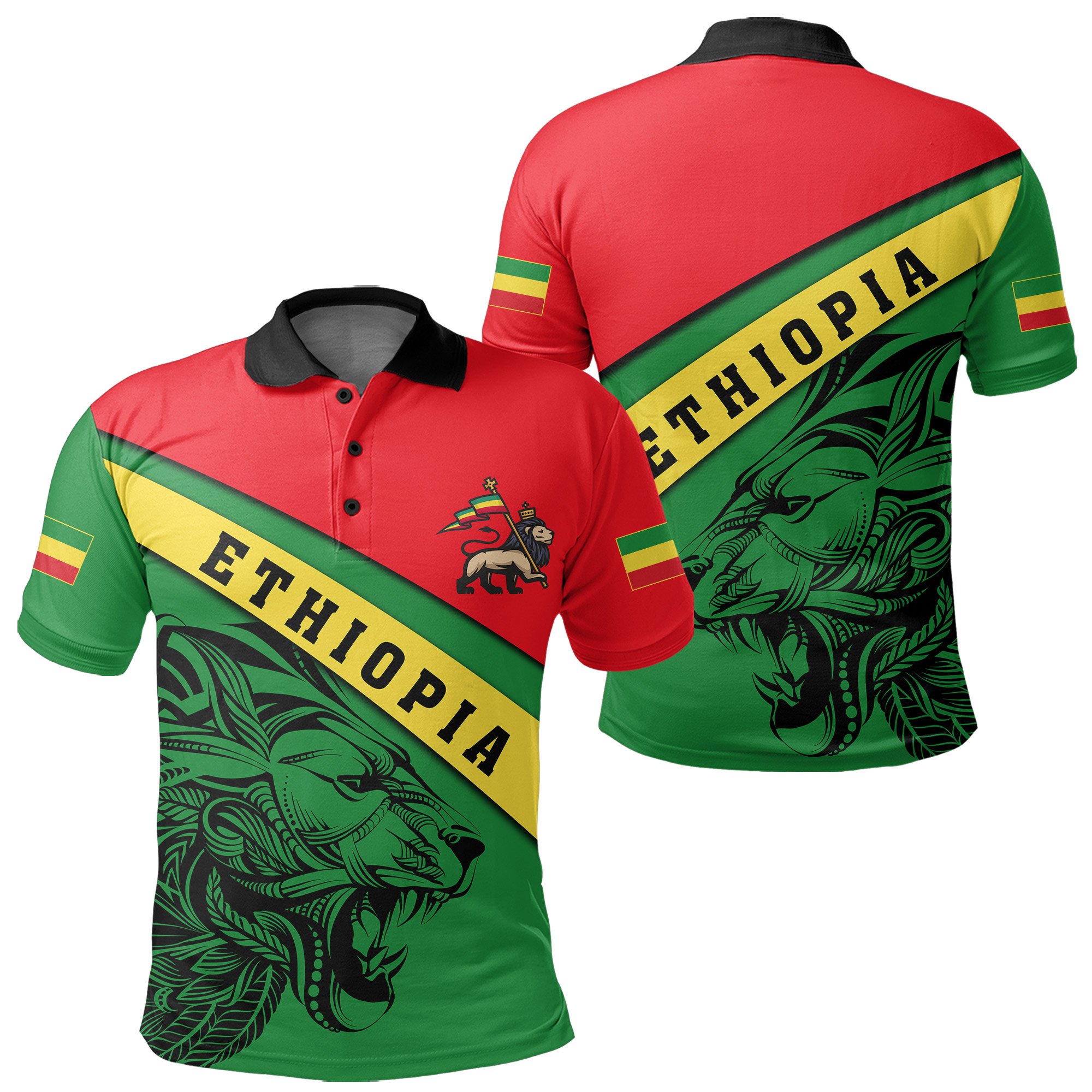 1sttheworld Africa Polo Shirt – Ethiopia Lion, Flag Color – J4