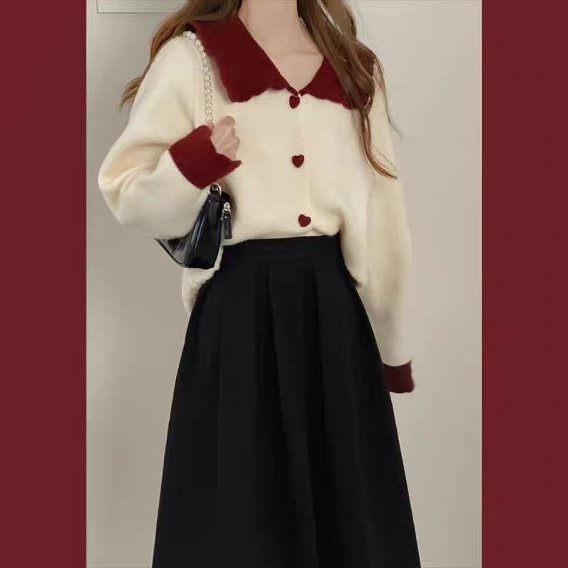 Cardigan Knitted Sweaters 2023 New Autumn Winter Women Korean High Waist A-line Skirts Two-piece Set Womens Suit Tops F9 alx