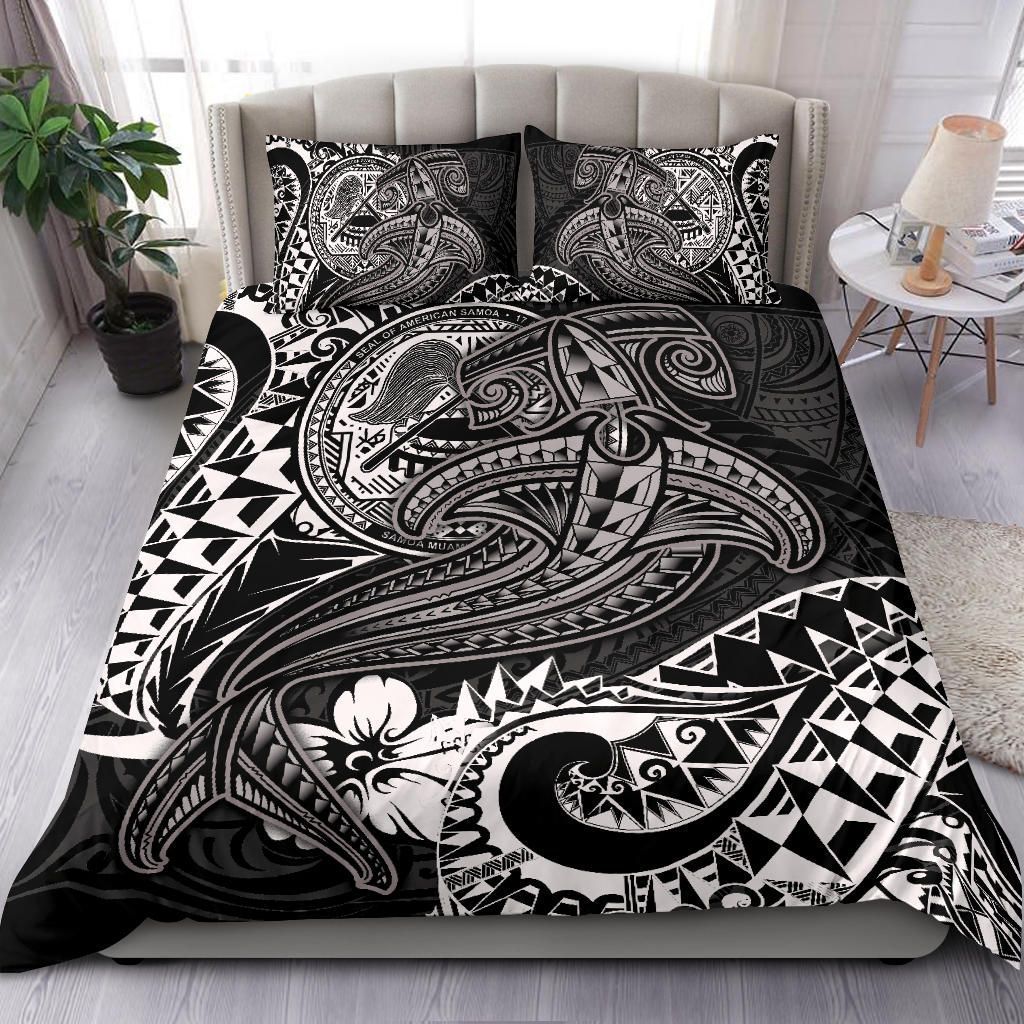 Alohawaii Bedding Set – Cover And Pillow Cases American Samoa – White Shark Polynesian Tattoo – Bn18