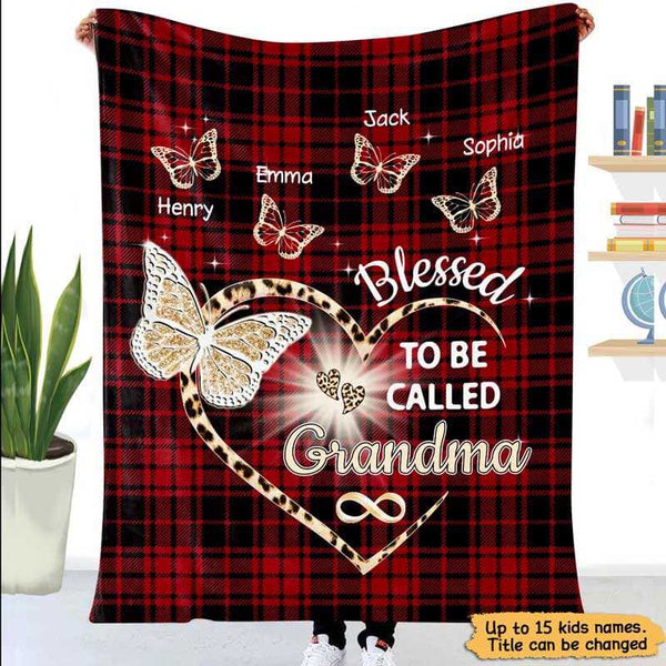 Blessed Grandma Mom Butterfly Red Plaid Leopard Personalized Fleece Blanket