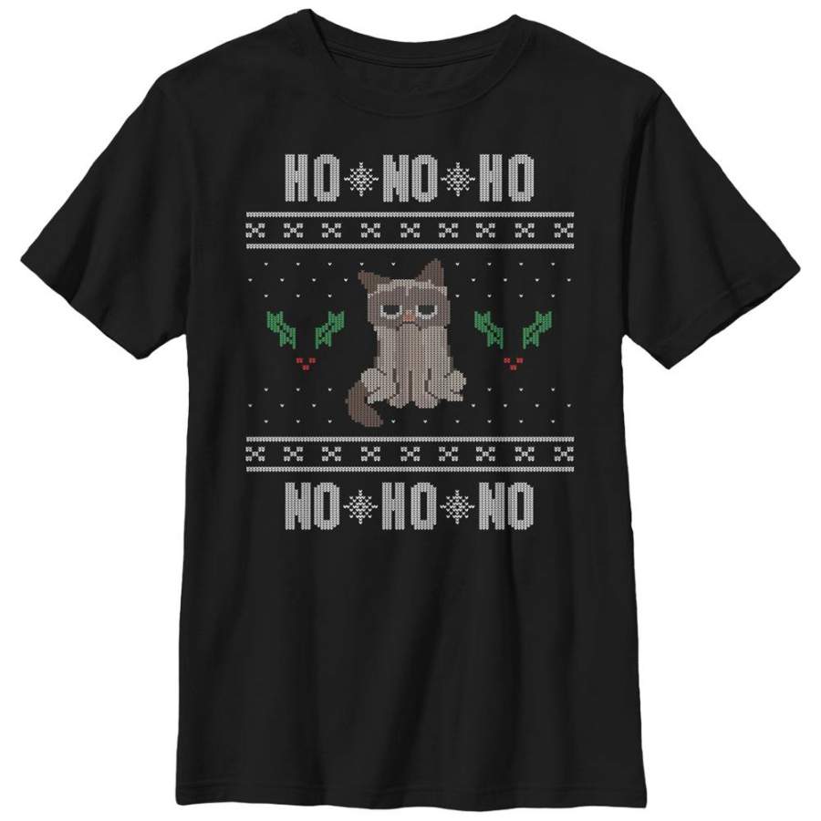 Grumpy Cat Boy’s Ugly Christmas Ho Ho No  T Shirt Black