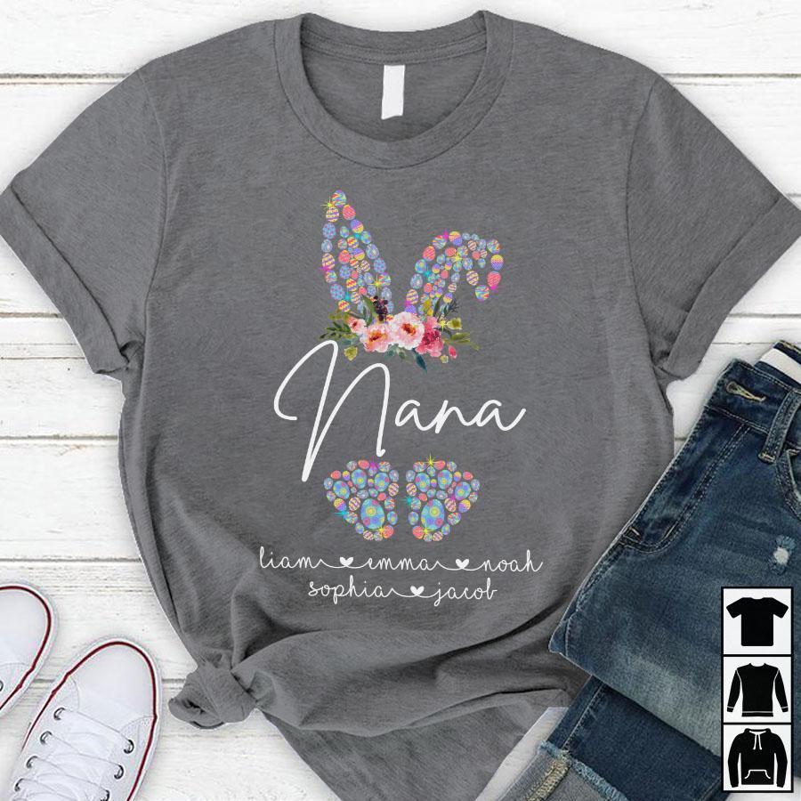 Apayprint – Nana Bunny Easter Eggs | Personalized T-Shirt,  S – 5XL, White Grey Pink Blue Black