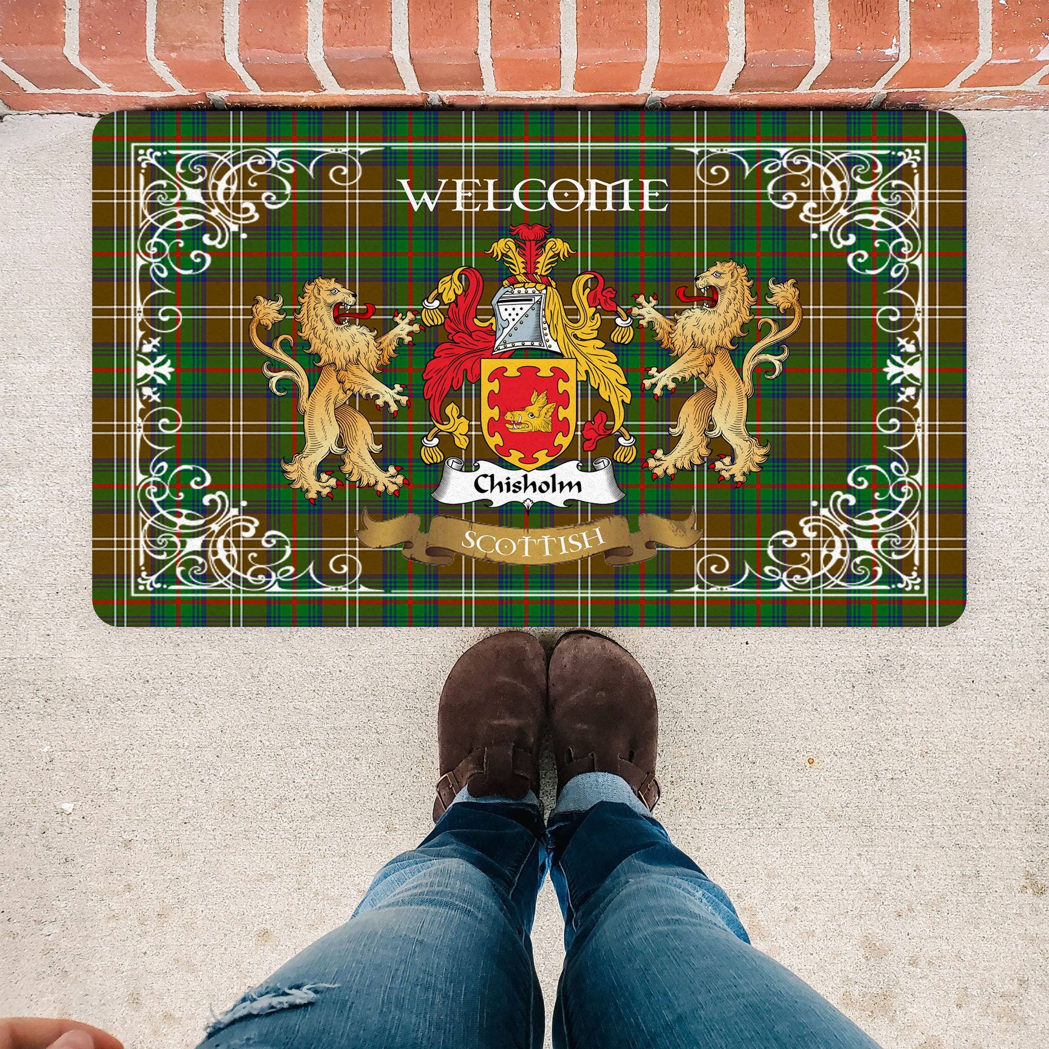 Scotstee Shop Tartan Door Mat The Family Chisholm Hunting Scottish Plaid Doormat, Welcome Mat, Christmas Door Mat