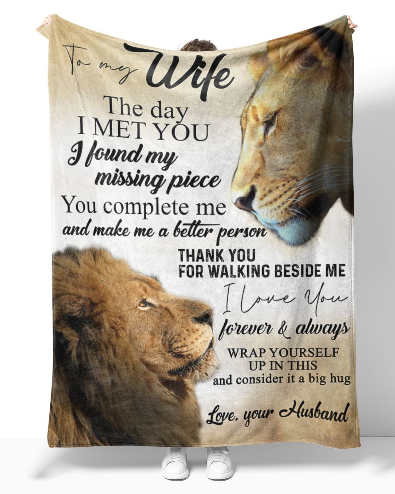 Personalized To My Wife Couple Lion Eyes To Eyes Blanket From Husband, To My Wife The Day I Met You Couple Lion Love Blanket Gifts For Wife