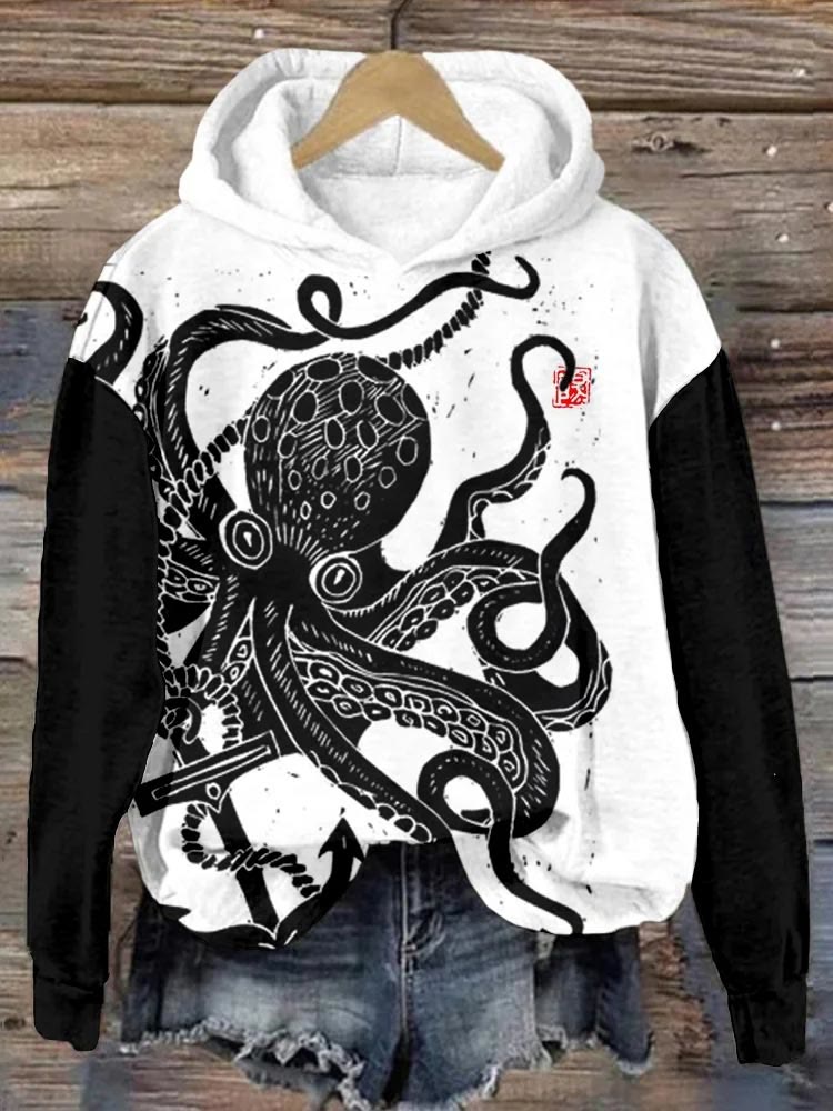 Octopus Japanese Lino Art Contrast Print Hoodie