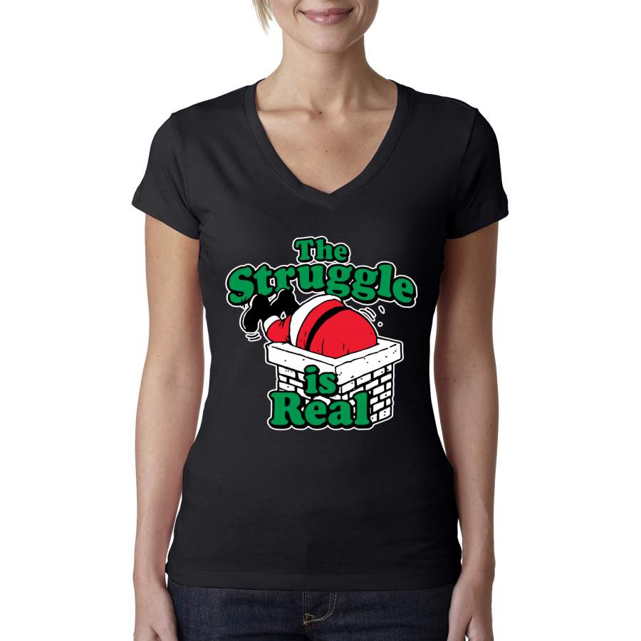 The Struggle is Real Xmas  Ugly Christmas Sweater Womens Junior Fit V-Neck Tee