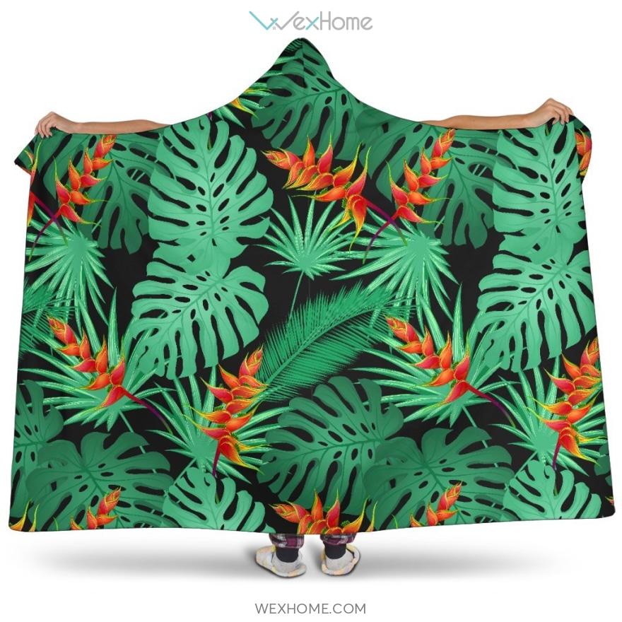 Heliconia Flower Palm Monstera Leaves Black Background Hooded Blanket